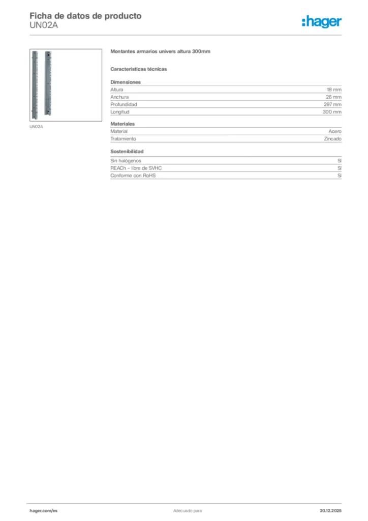 Imagen Hager Ficha de datos de producto UN02A | Hager España