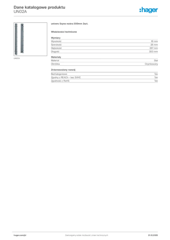 Zdjęcie Hager Dane katalogowe produktu UN02A | Hager Polska