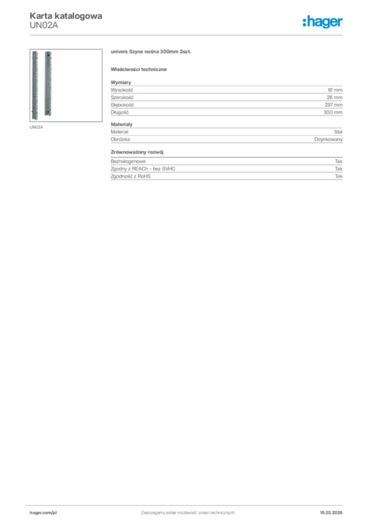 Zdjęcie Hager Karta katalogowa UN02A | Hager Polska