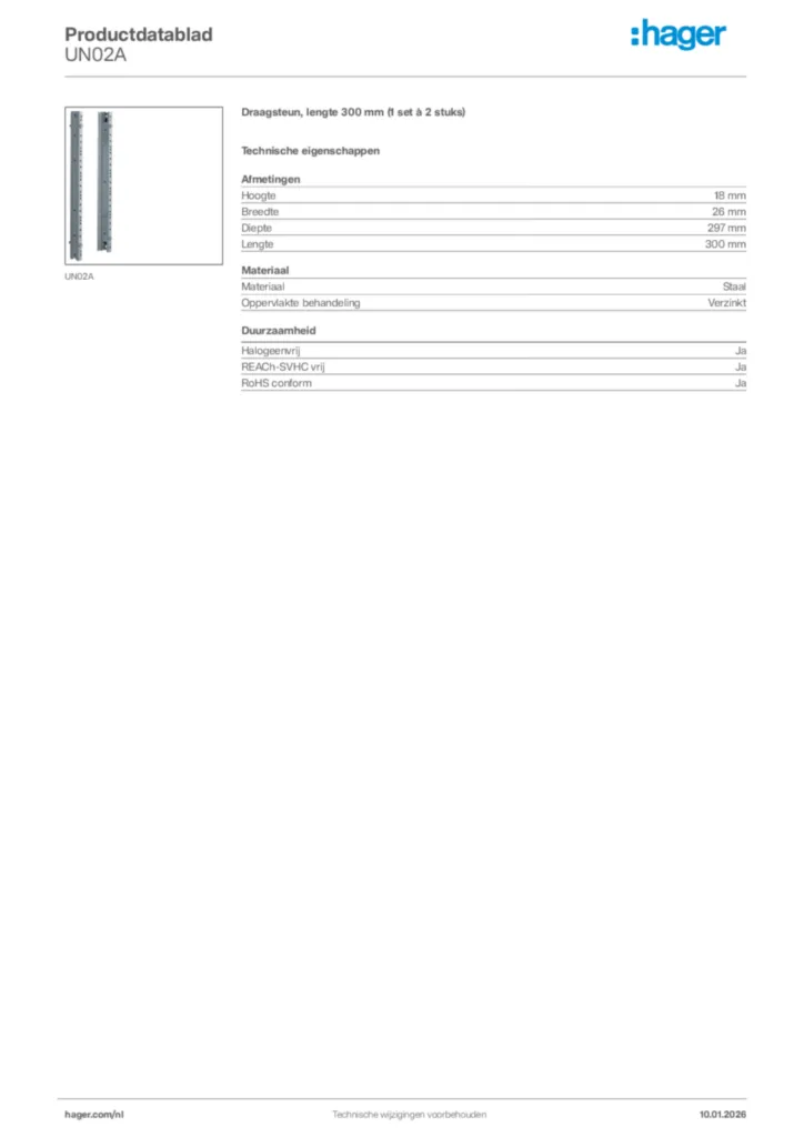Afbeelding Hager Productdatablad UN02A | Hager Nederland