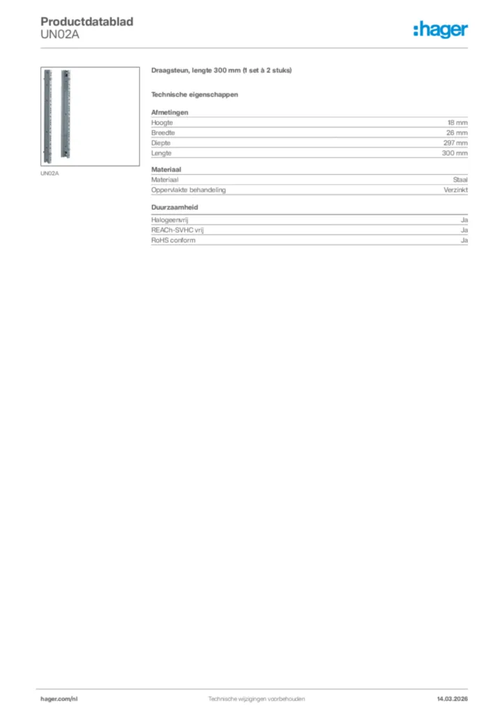 Afbeelding Hager Productdatablad UN02A | Hager Nederland