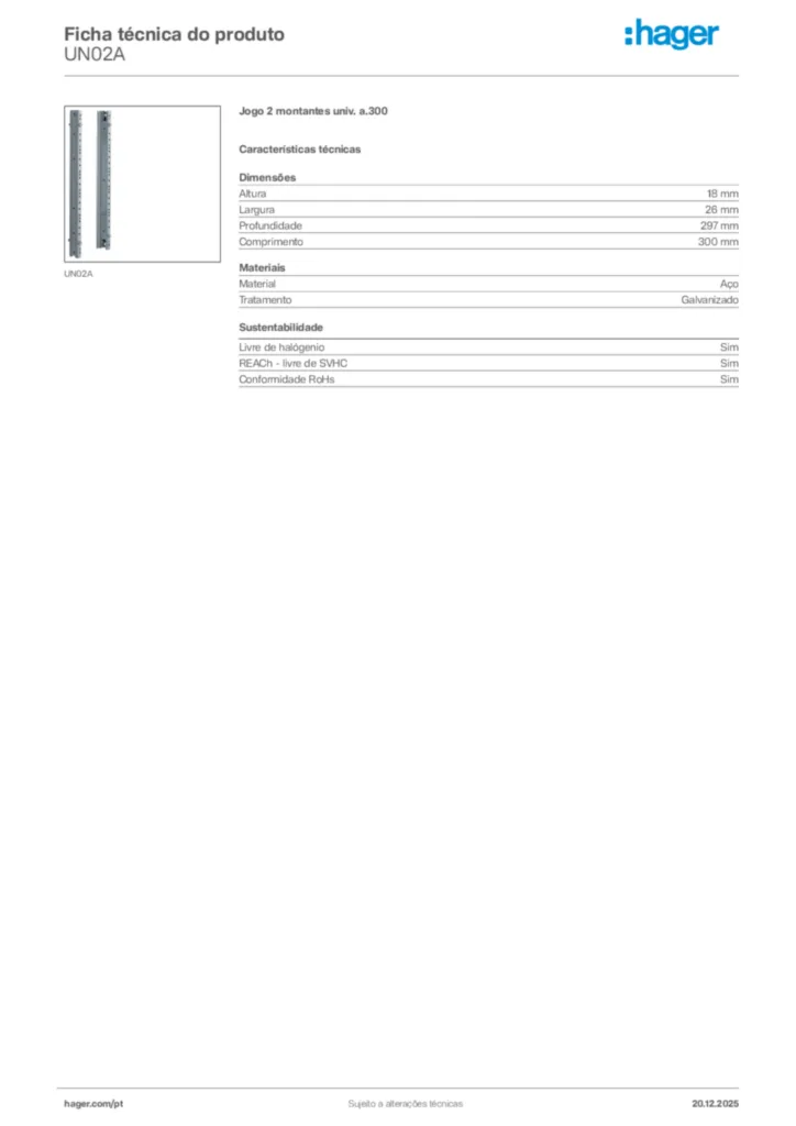 Imagem Hager Ficha técnica do produto UN02A | Hager Portugal