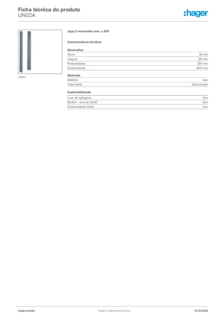 Imagem Hager Ficha técnica do produto UN02A | Hager Portugal