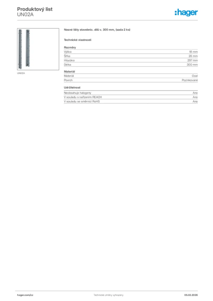 Obrázek Hager Product data sheet UN02A | Hager