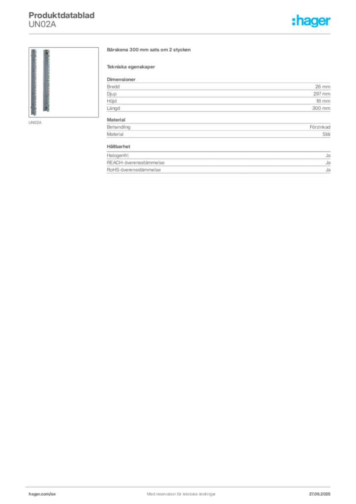 Bild Hager Produktdatablad UN02A | Hager Sverige