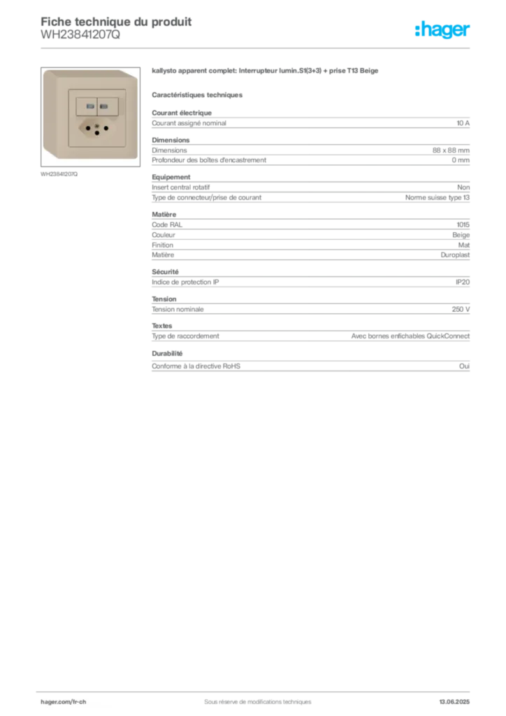 Image Hager Fiche technique du produit WH23841207Q | Hager Suisse