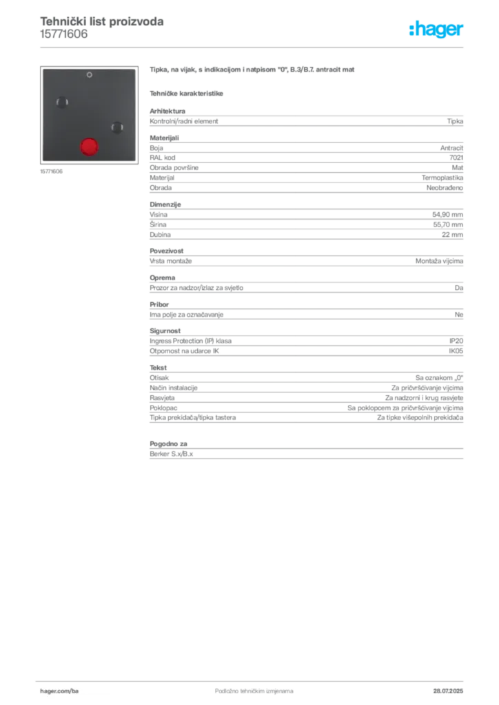 Slika Hager Product data sheet 15771606  | Hager