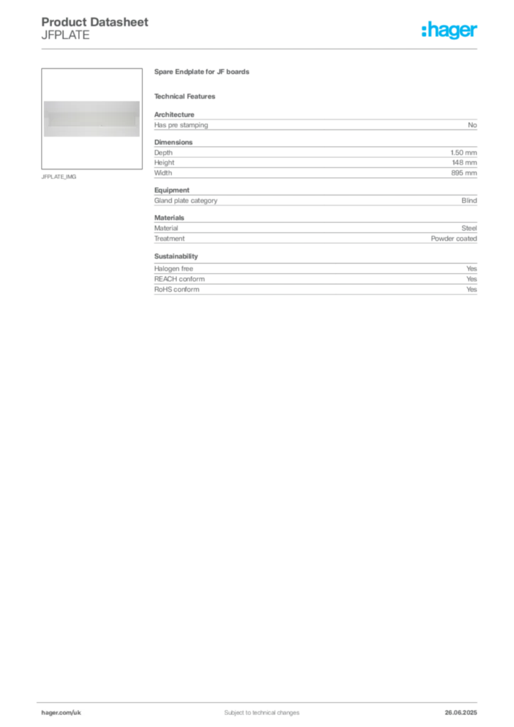 Image Hager Product data sheet JFPLATE  | Hager