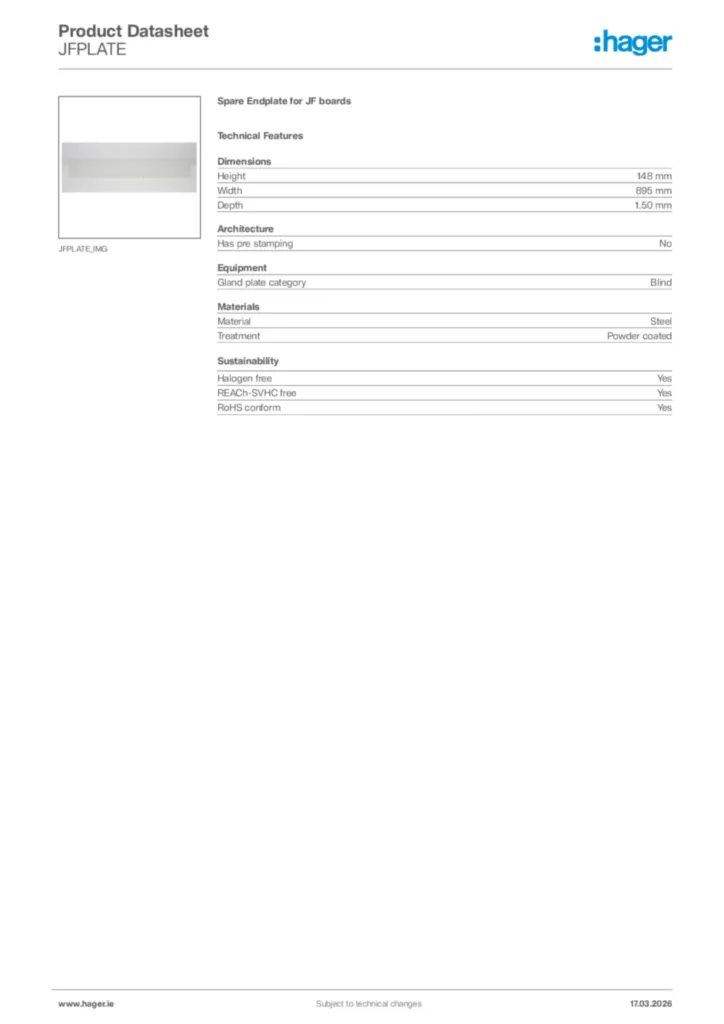 Image Hager Product data sheet JFPLATE  | Hager