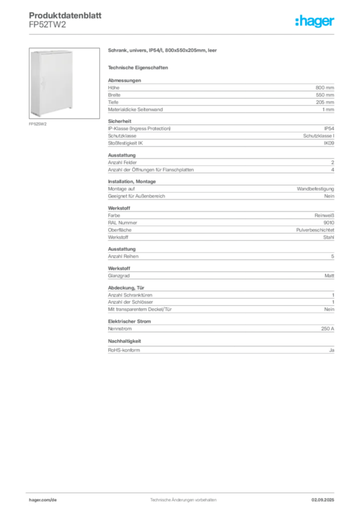 Bild Hager Produktdatenblatt FP52TW2 | Hager Deutschland