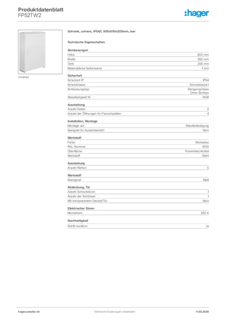 Bild Hager Produktdatenblatt FP52TW2 | Hager Schweiz