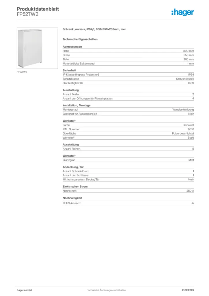 Bild Hager Produktdatenblatt FP52TW2 | Hager Deutschland