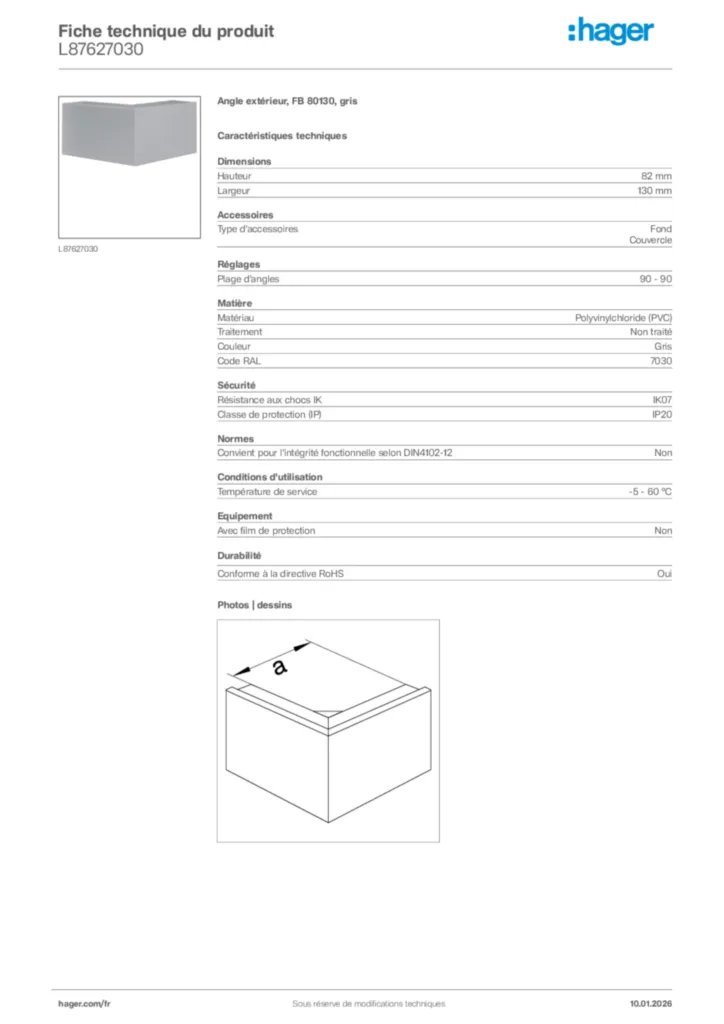 Image Hager Fiche technique du produit L87627030 | Hager France