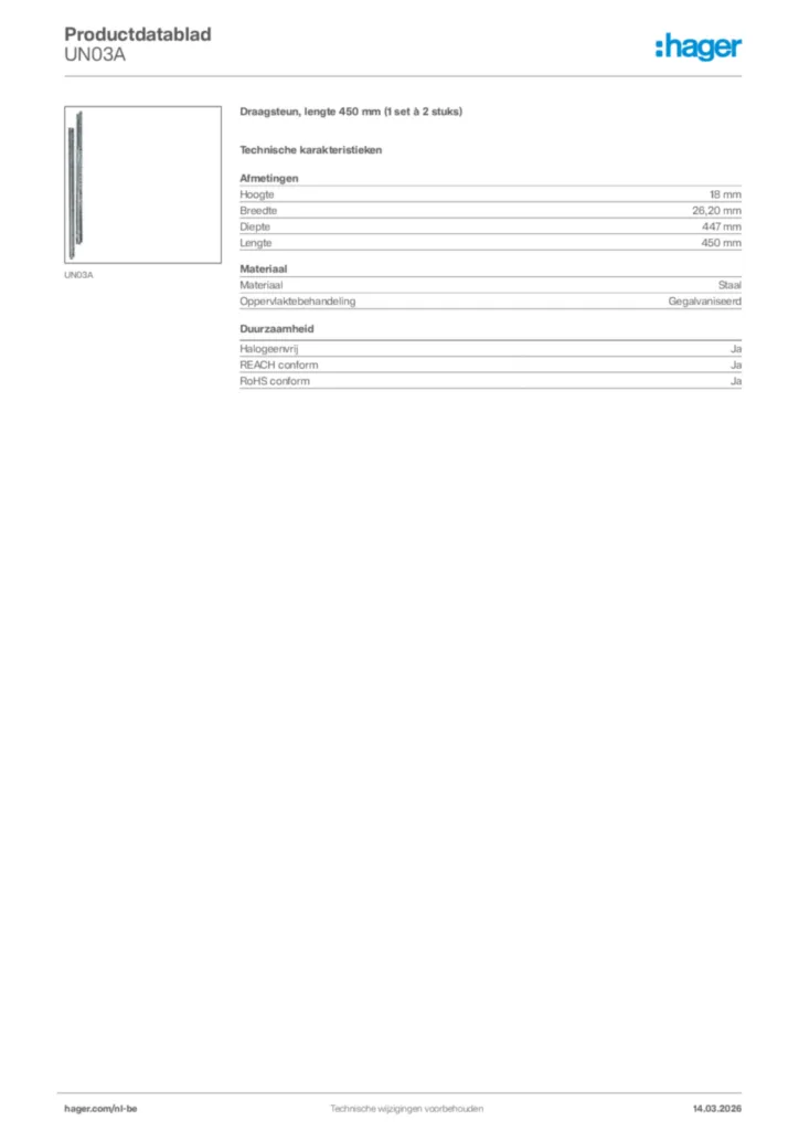 Afbeelding Hager Productdatablad UN03A | Hager Belgium