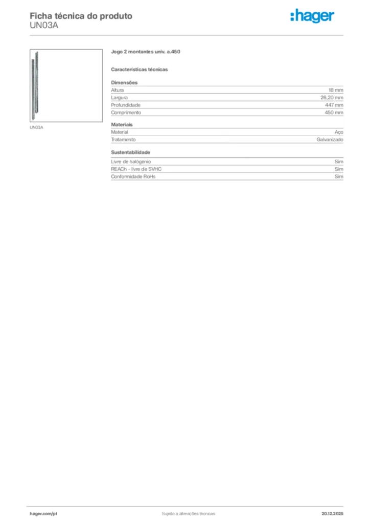 Imagem Hager Ficha técnica do produto UN03A | Hager Portugal
