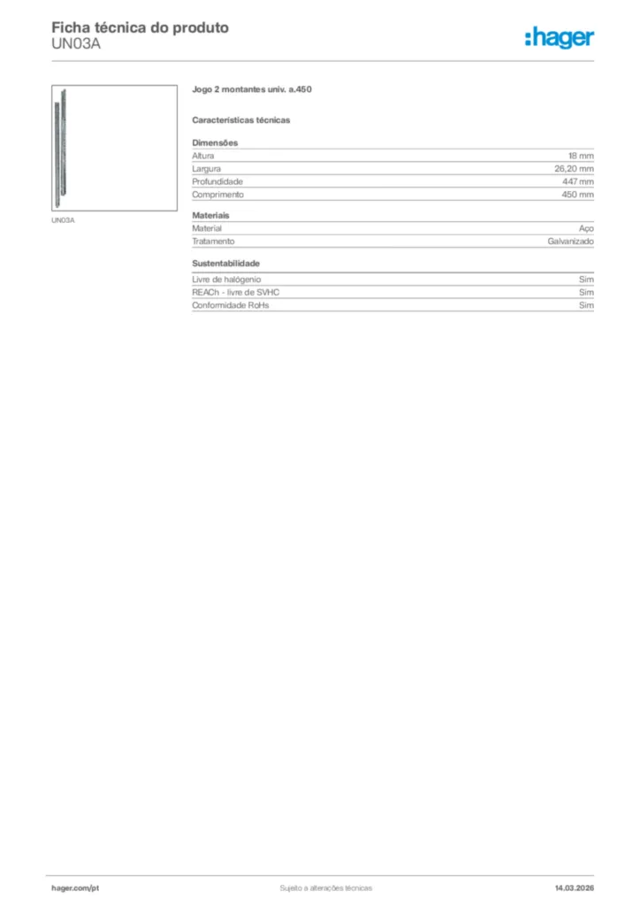 Imagem Hager Ficha técnica do produto UN03A | Hager Portugal