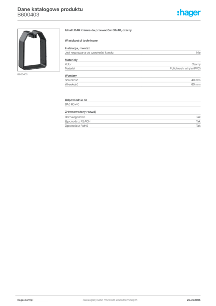 Zdjęcie Hager Dane katalogowe produktu B600403 | Hager Polska