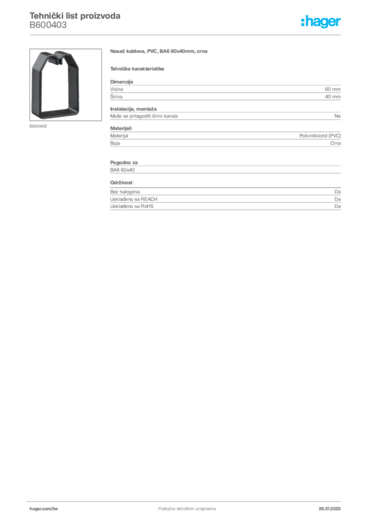 Slika Hager Product data sheet B600403  | Hager