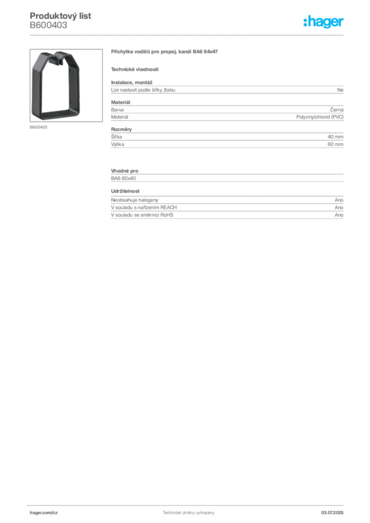 Obrázek Hager Produktový list B600403 | Hager
