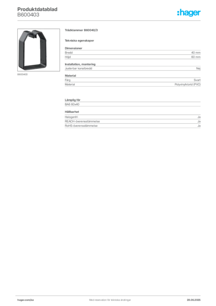 Bild Hager Produktdatablad B600403 | Hager Sverige