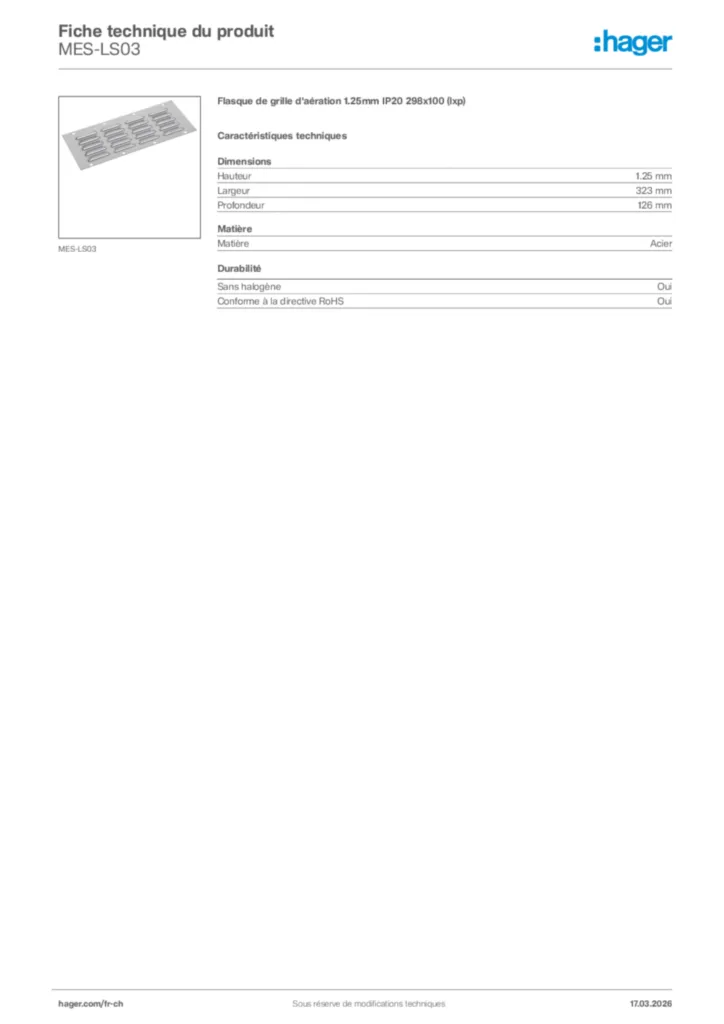 Image Hager Fiche technique du produit MES-LS03 | Hager Suisse