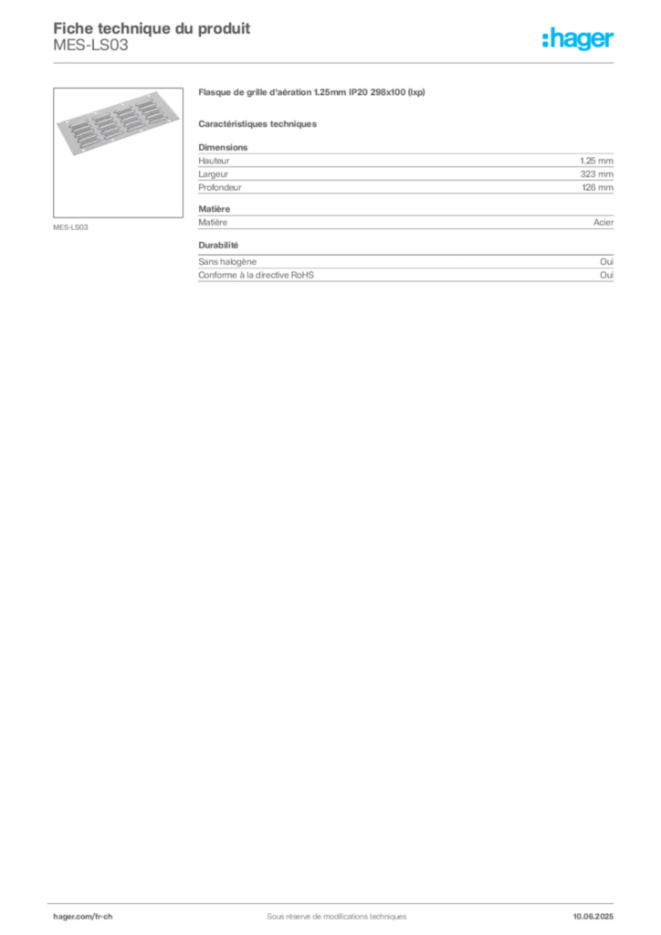 Image Hager Fiche technique du produit MES-LS03 | Hager Suisse