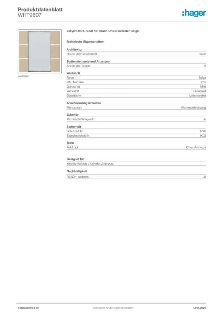 Bild Hager Produktdatenblatt WHT9607 | Hager Schweiz