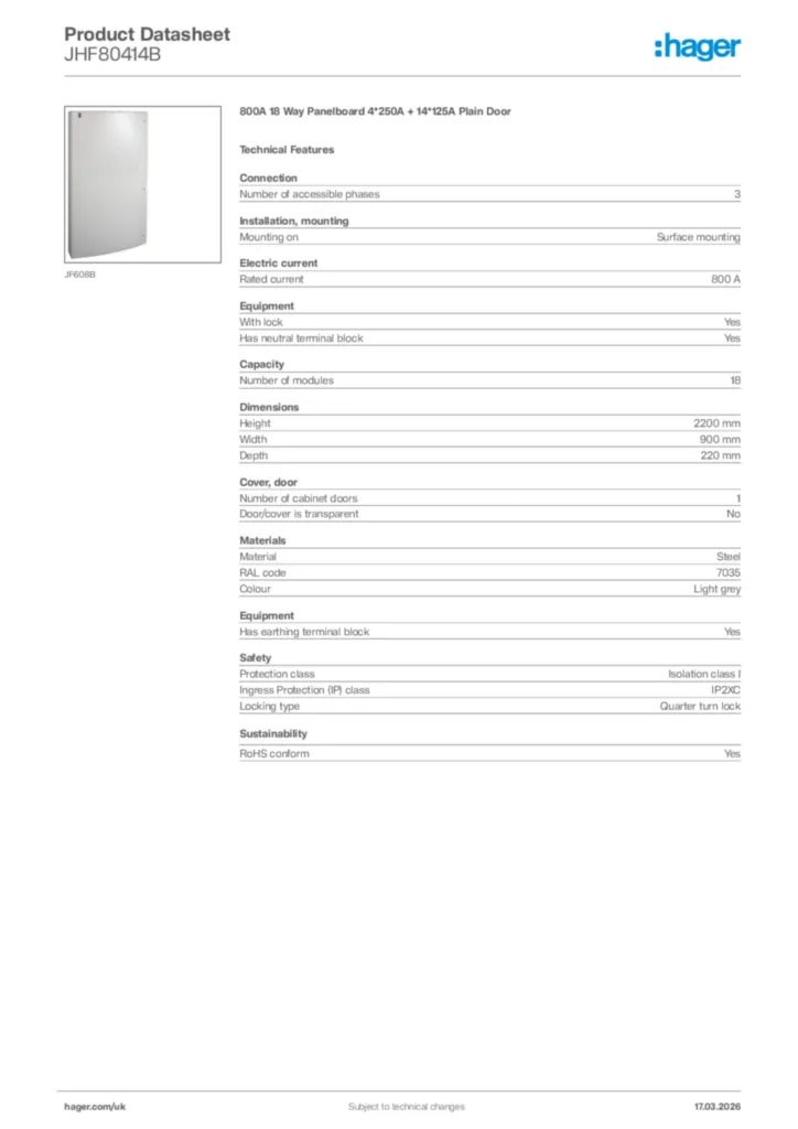 Image Hager Product data sheet JHF80414B  | Hager