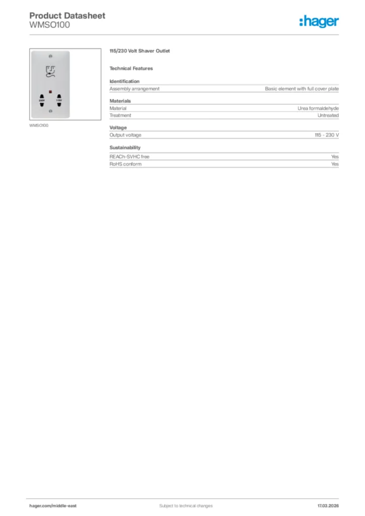 Image Hager Product data sheet WMSO100  | Hager