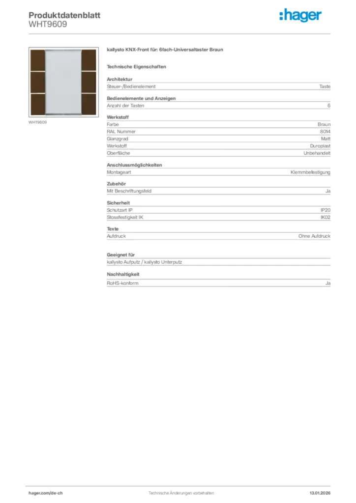 Bild Hager Produktdatenblatt WHT9609 | Hager Schweiz