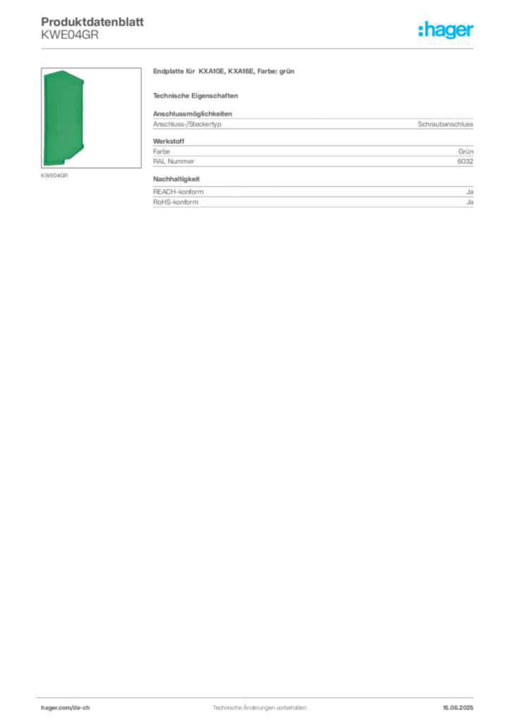 Bild Hager Produktdatenblatt KWE04GR | Hager Schweiz