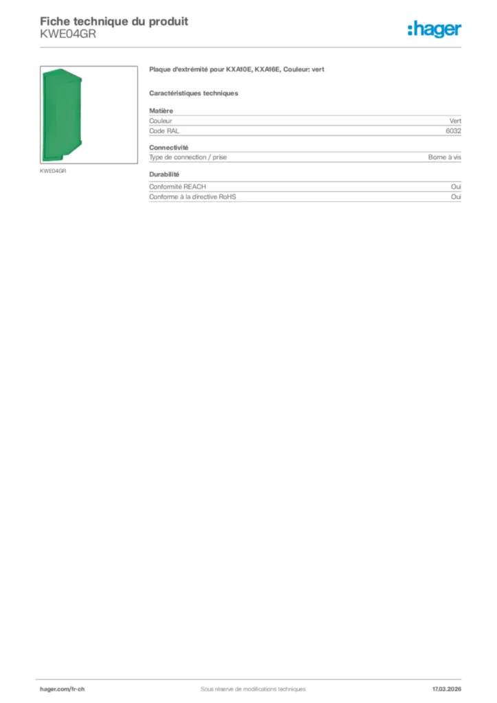 Image Hager Fiche technique du produit KWE04GR | Hager Suisse