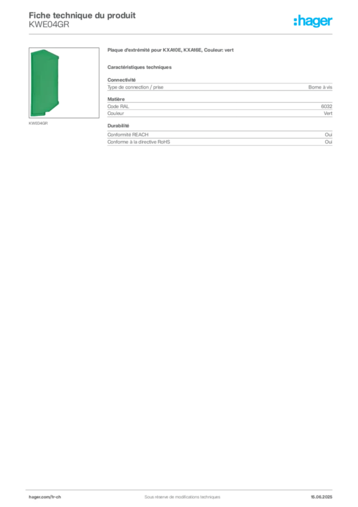 Image Hager Fiche technique du produit KWE04GR | Hager Suisse