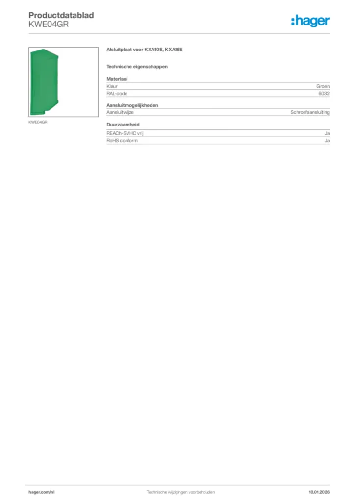 Afbeelding Hager Productdatablad KWE04GR | Hager Nederland