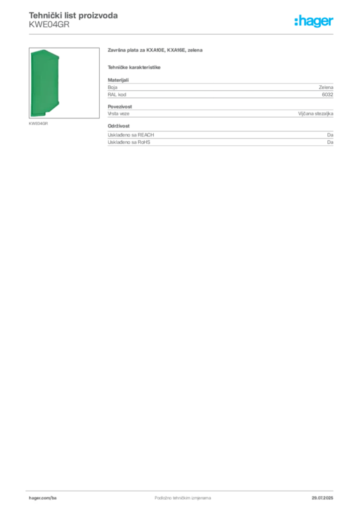 Slika Hager Product data sheet KWE04GR  | Hager