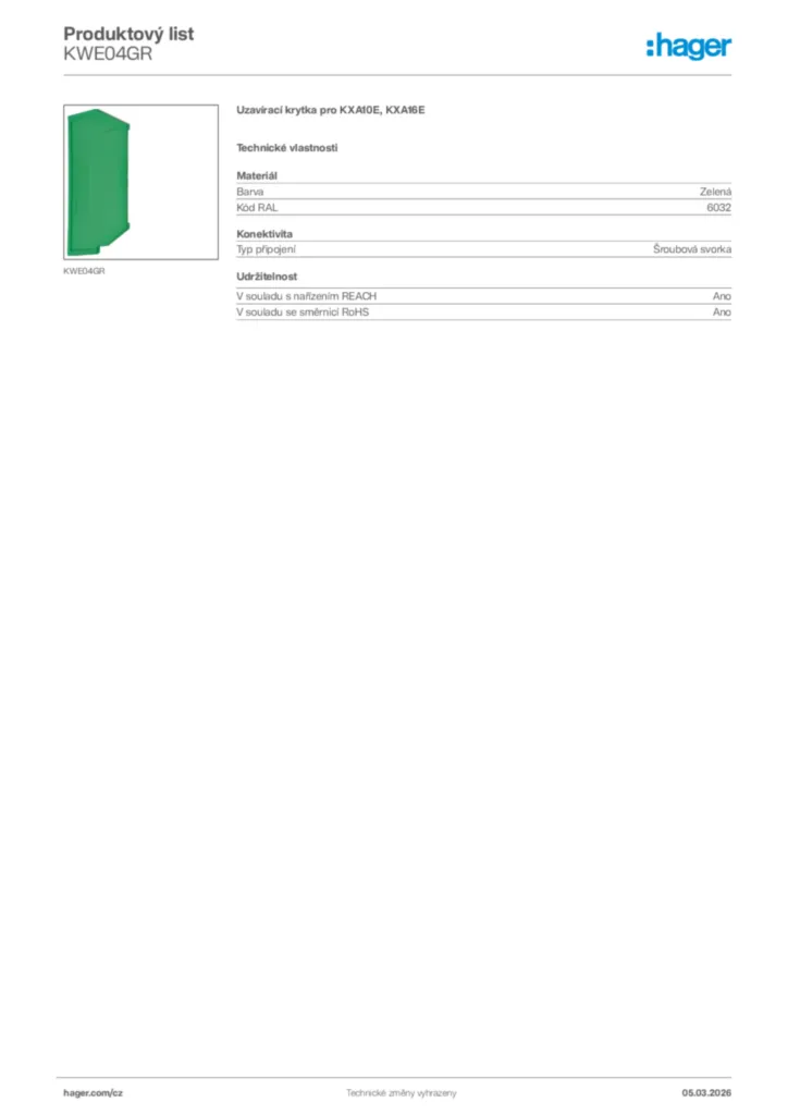 Obrázek Hager Product data sheet KWE04GR | Hager