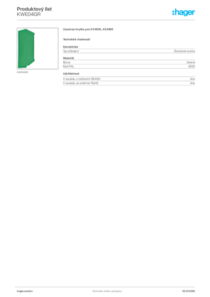 Obrázek Hager Produktový list KWE04GR | Hager