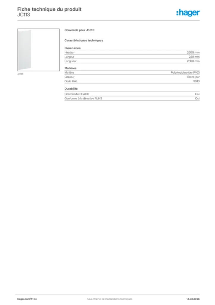 Image Hager Fiche technique du produit JC113 | Hager Belgique
