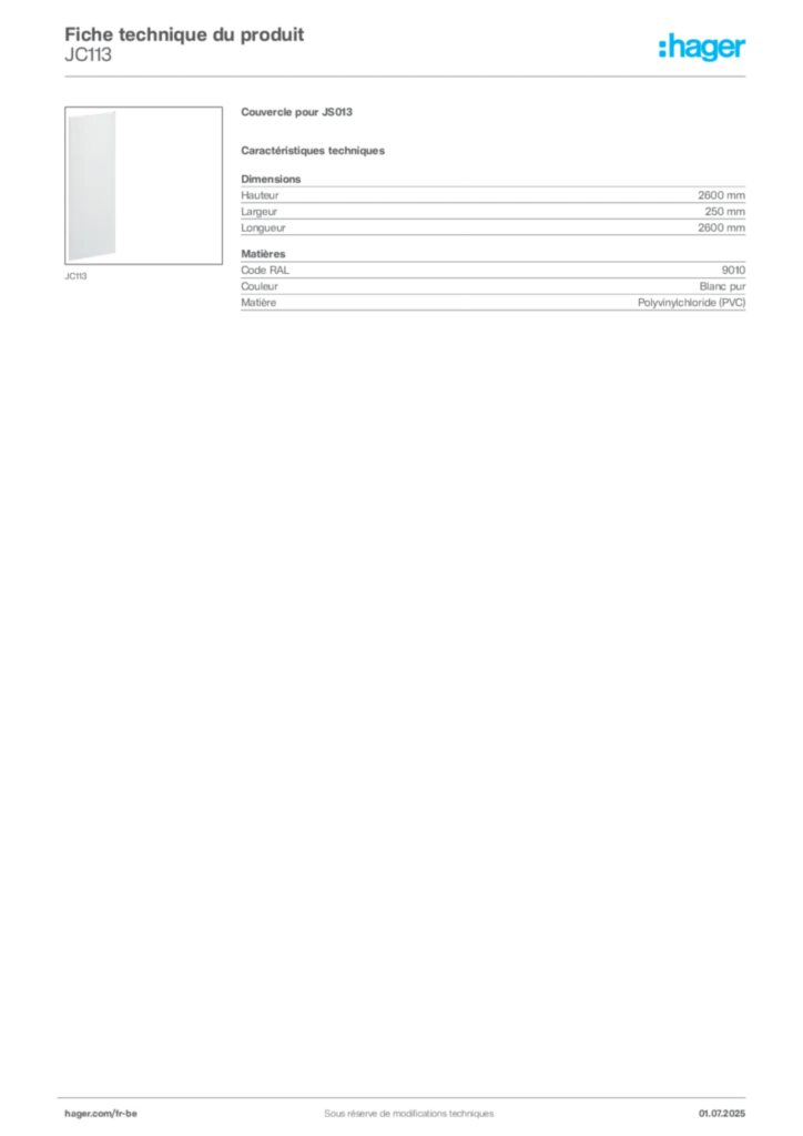 Image Hager Fiche technique du produit JC113 | Hager Belgique