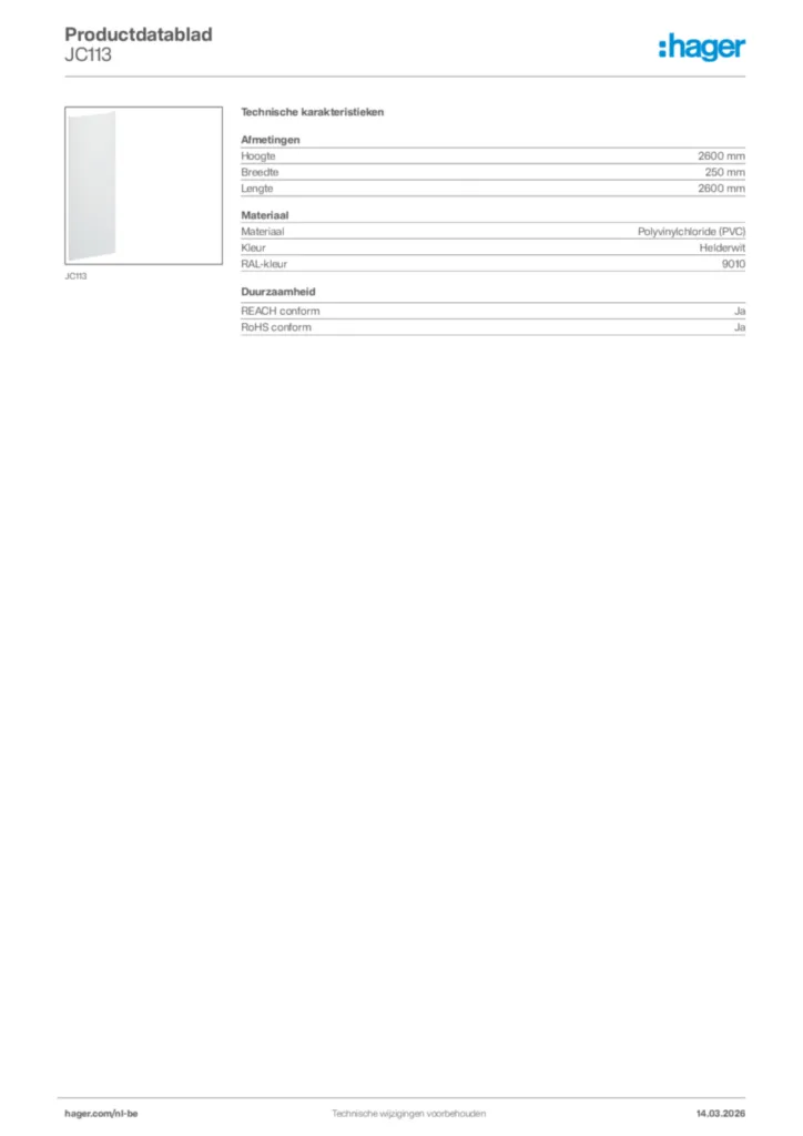 Afbeelding Hager Productdatablad JC113 | Hager Belgium
