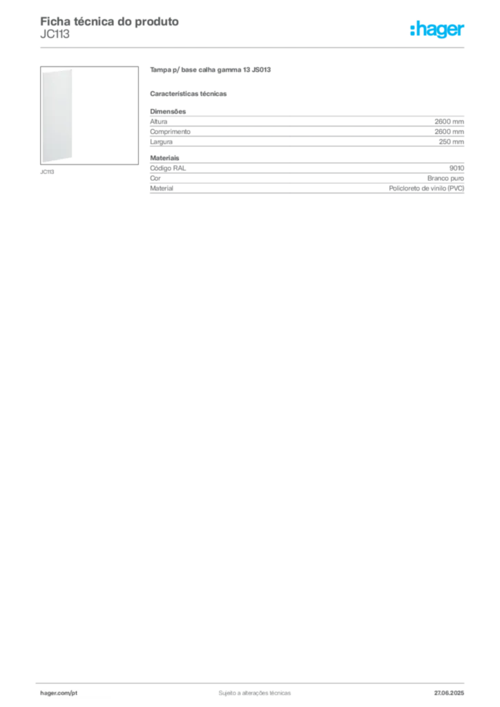Imagem Hager Ficha técnica do produto JC113 | Hager Portugal