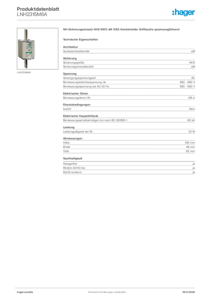 Bild Hager Produktdatenblatt LNH2315M6A | Hager Deutschland