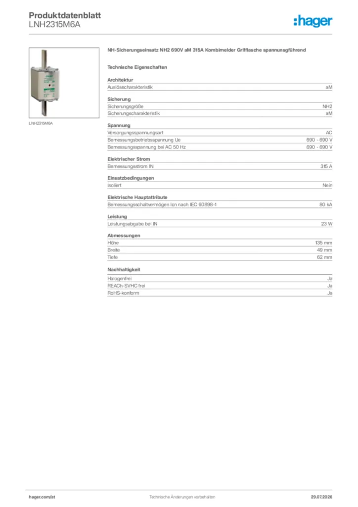 Bild Hager Produktdatenblatt LNH2315M6A | Hager Deutschland