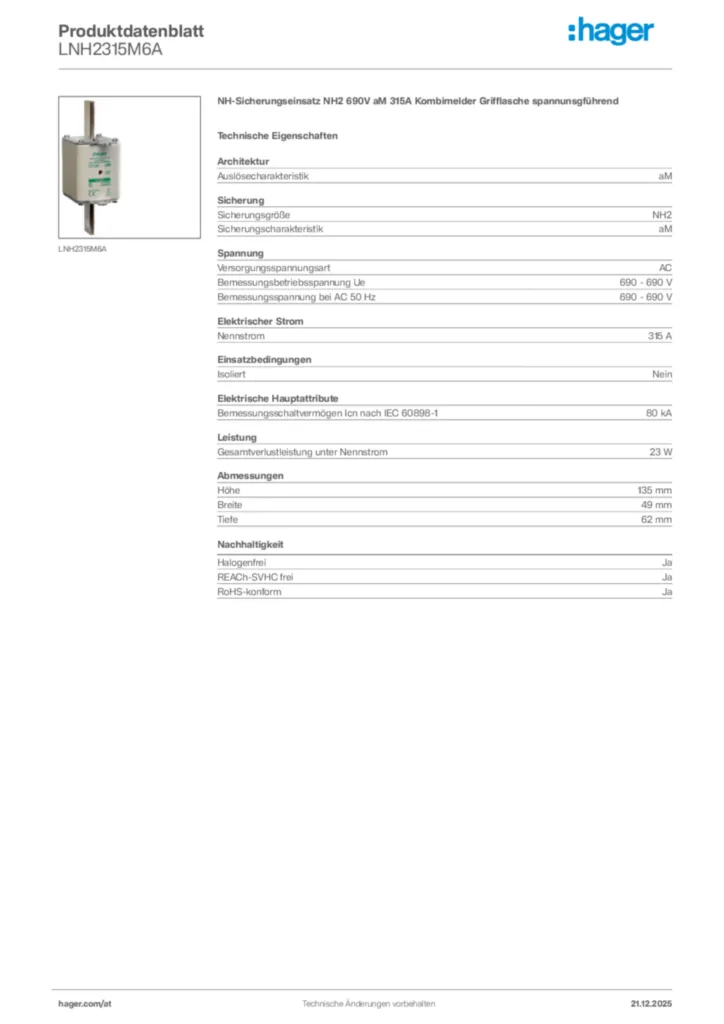 Bild Hager Produktdatenblatt LNH2315M6A | Hager Deutschland