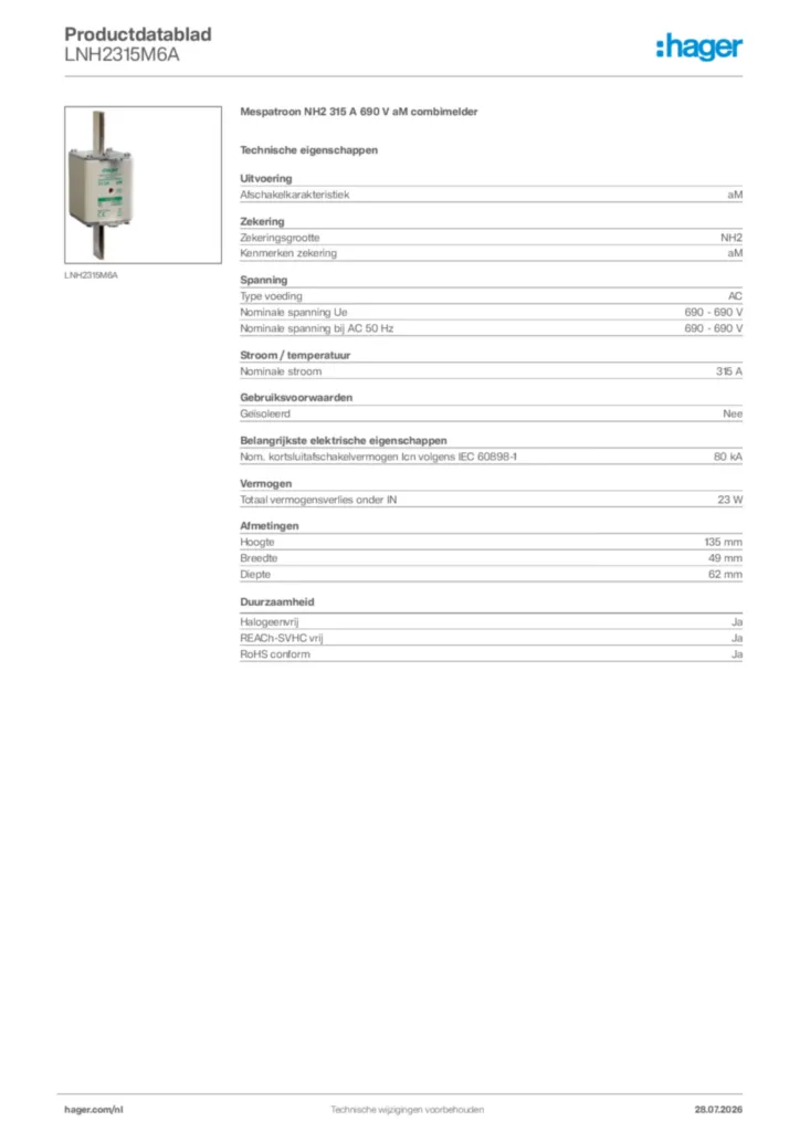 Afbeelding Hager Productdatablad LNH2315M6A | Hager Nederland