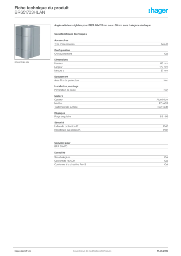 Image Hager Fiche technique du produit BR651703HLAN | Hager Suisse