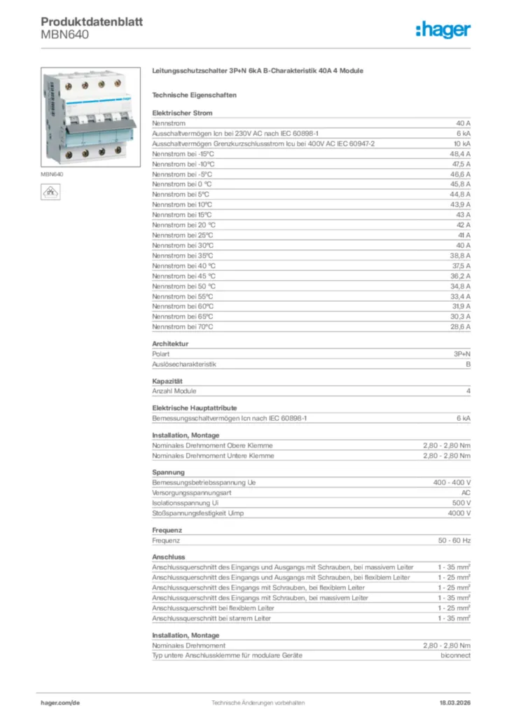 Bild Hager Produktdatenblatt MBN640 | Hager Deutschland