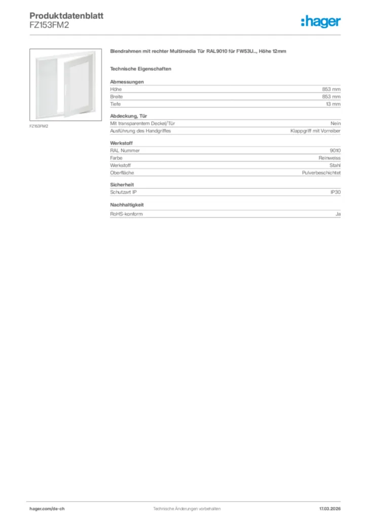 Bild Hager Produktdatenblatt FZ153FM2 | Hager Schweiz