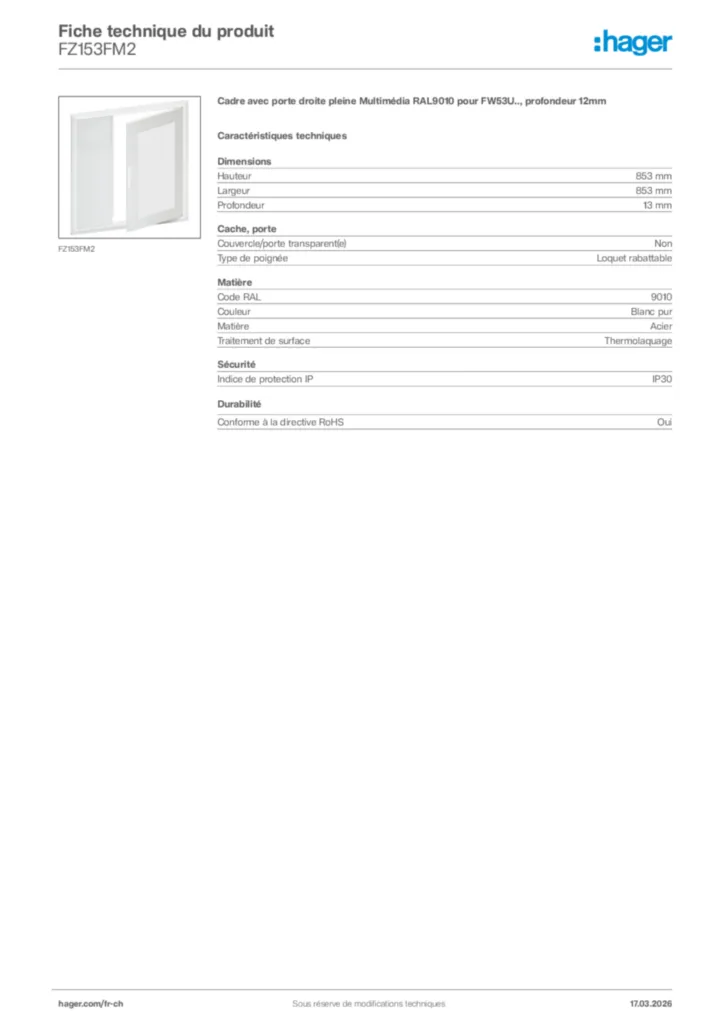 Image Hager Fiche technique du produit FZ153FM2 | Hager Suisse