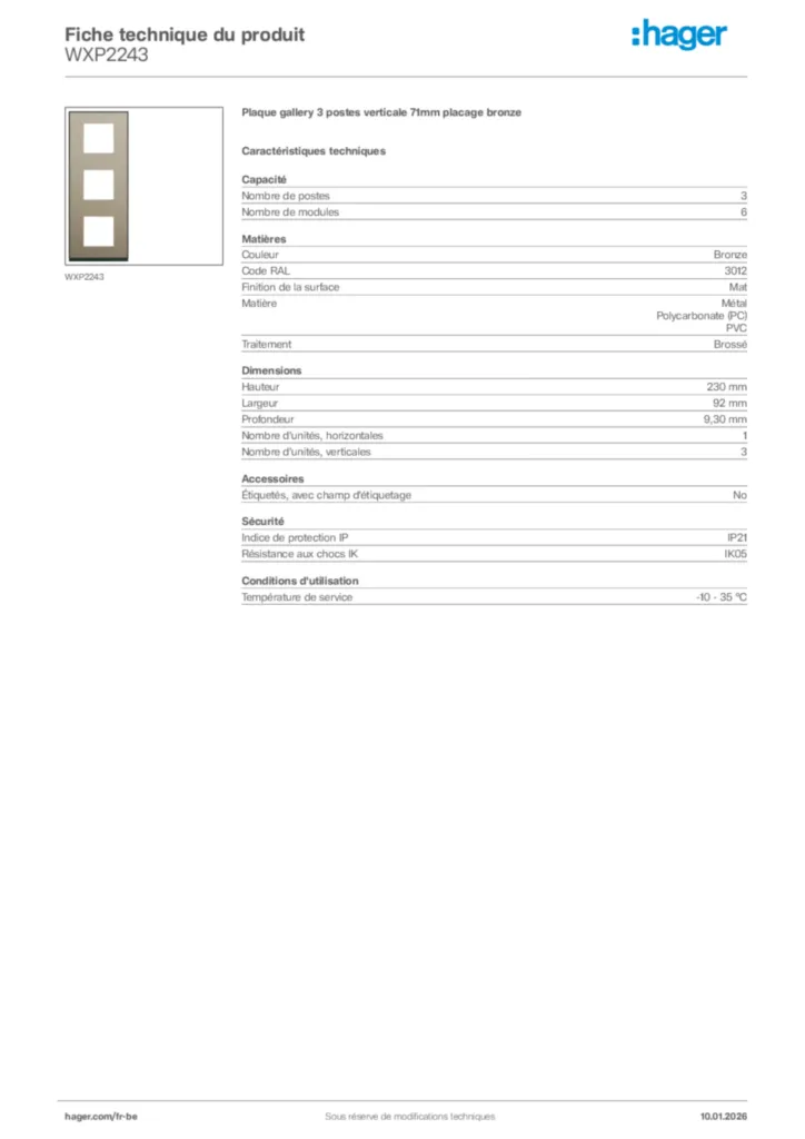 Image Hager Fiche technique du produit WXP2243 | Hager Belgique